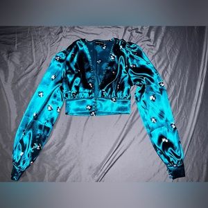 Turquoise Plunge Long Sleeve Crop Top XS